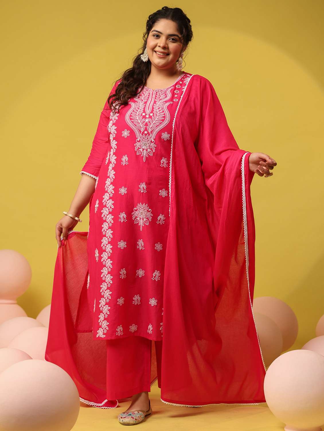 women plus size solid with work notch neck kurta pant with dupatta set