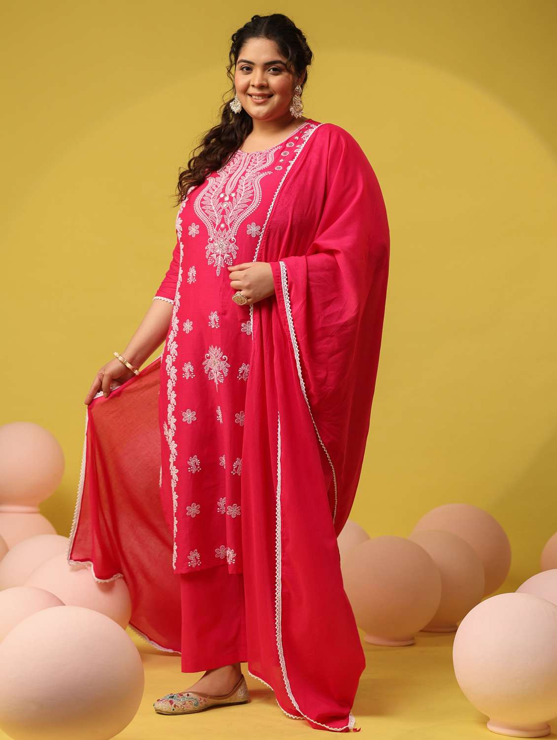 women plus size solid with work notch neck kurta pant with dupatta set - 22390187 -  Standard Image - 3