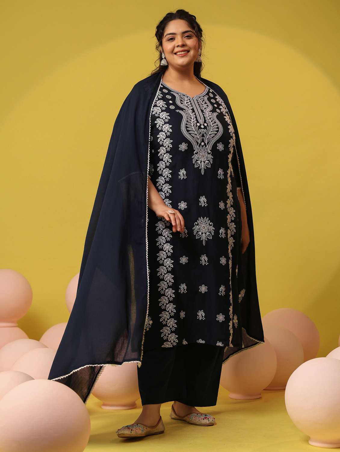 women plus size solid with work notch neck kurta pant with dupatta set - 22390188 -  Standard Image - 3