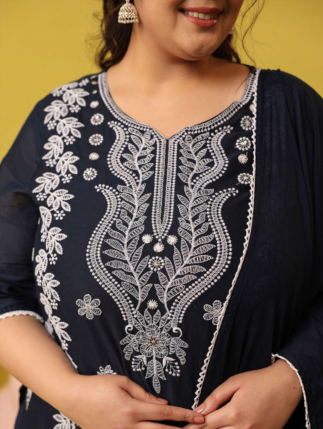 women plus size solid with work notch neck kurta pant with dupatta set - 22390188 -  Standard Image - 5