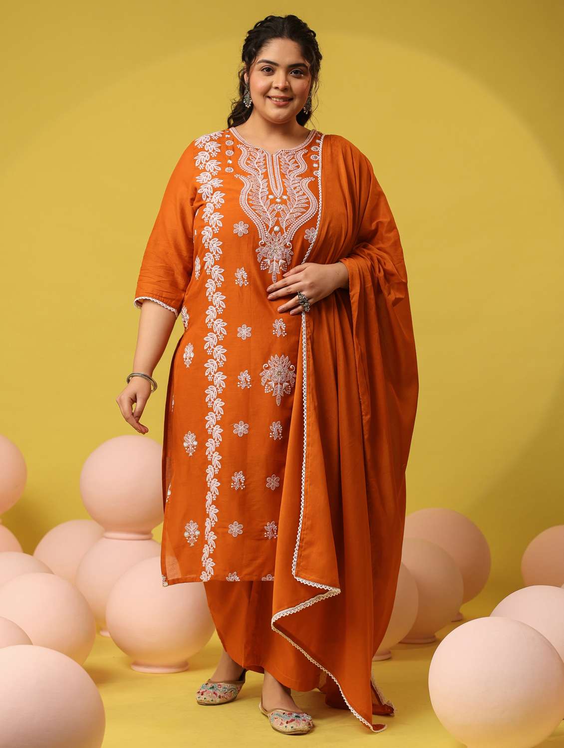 women plus size solid with work notch neck kurta pant with dupatta set