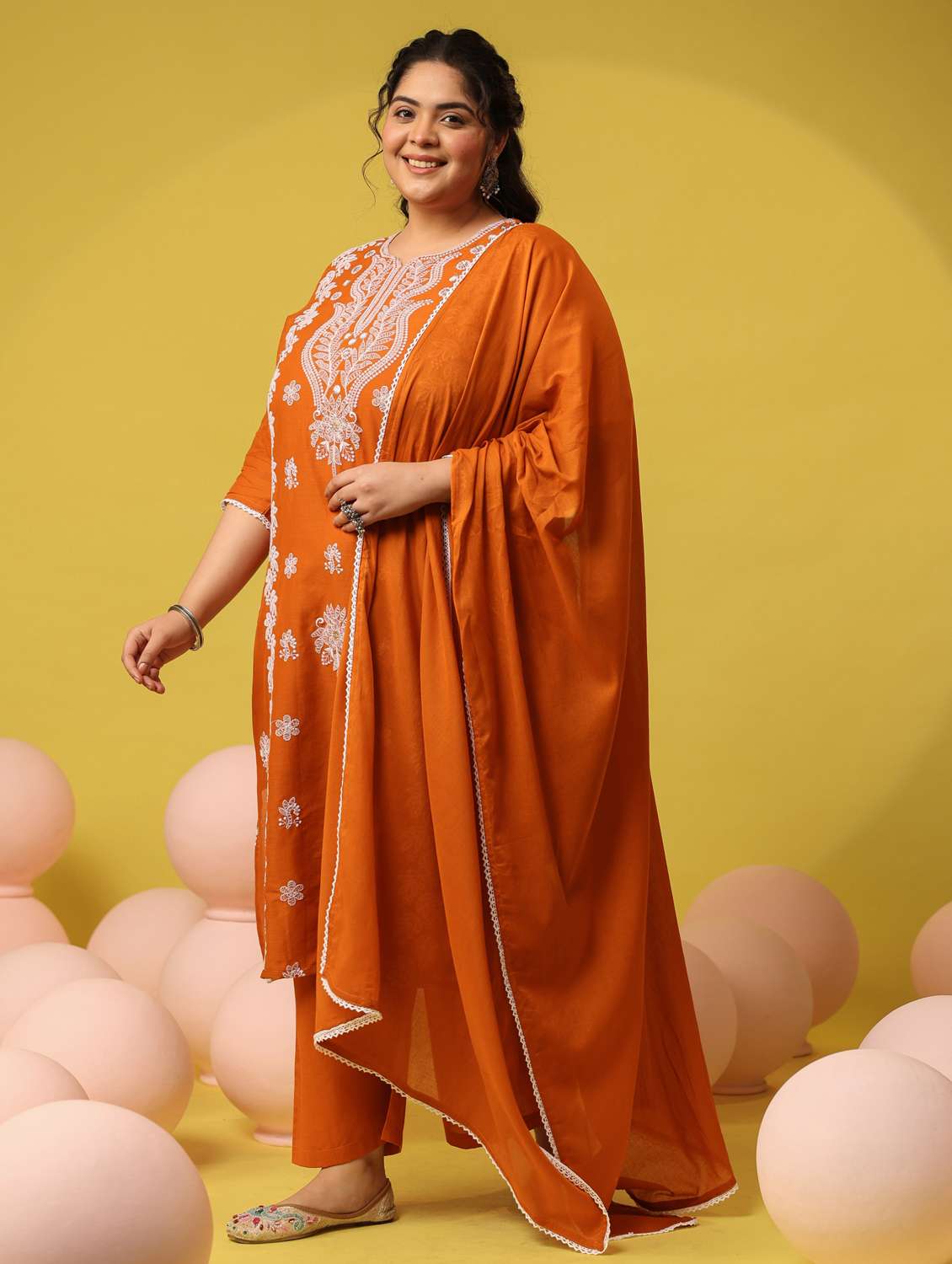 women plus size solid with work notch neck kurta pant with dupatta set - 22390191 -  Standard Image - 3