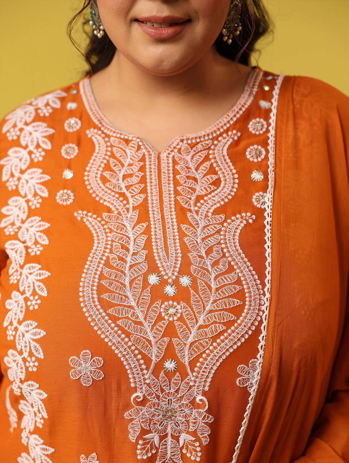 women plus size solid with work notch neck kurta pant with dupatta set - 22390191 -  Standard Image - 5