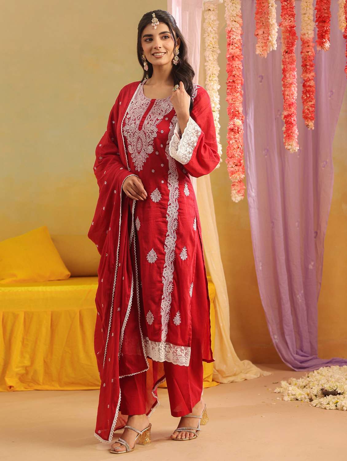 women solid with work round neck kurta pant with dupatta set - 22390197 -  Standard Image - 3