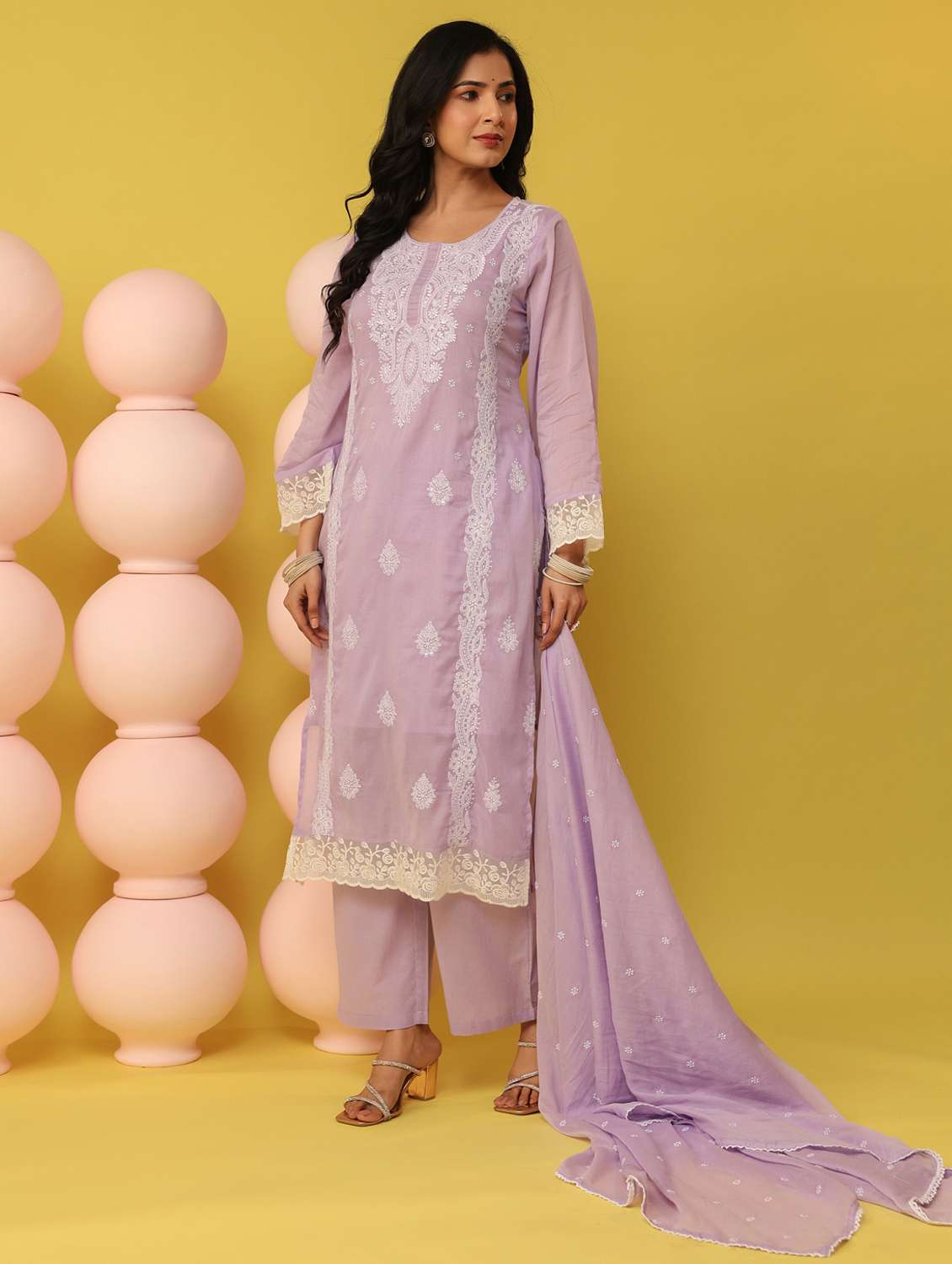 women solid with work round neck kurta pant with dupatta set - 22390198 -  Standard Image - 3