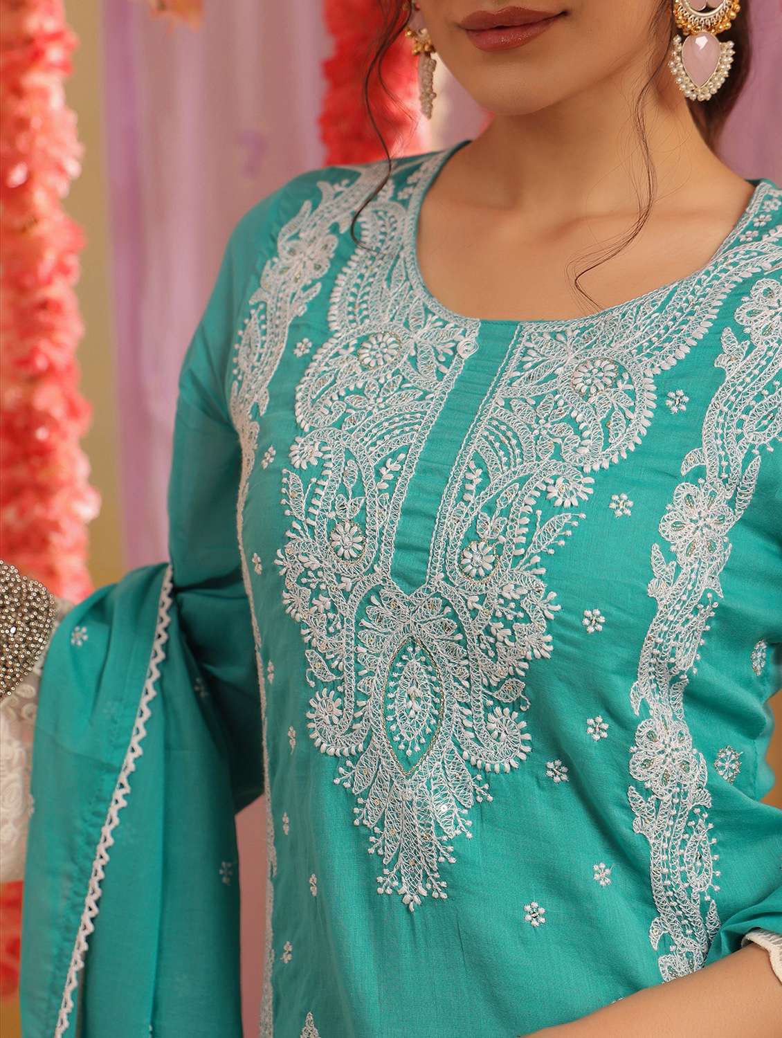 women solid with work round neck kurta pant with dupatta set - 22390204 -  Standard Image - 5