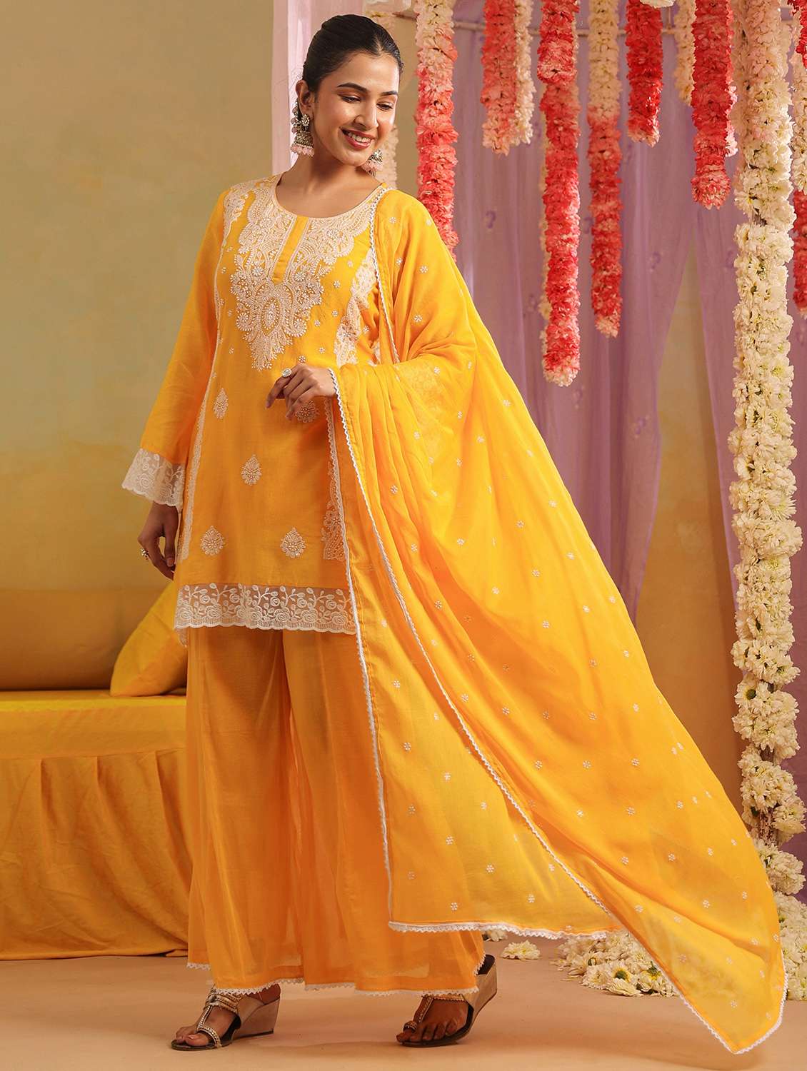 women solid with work round neck kurta palazzo with dupatta set - 22390207 -  Standard Image - 3