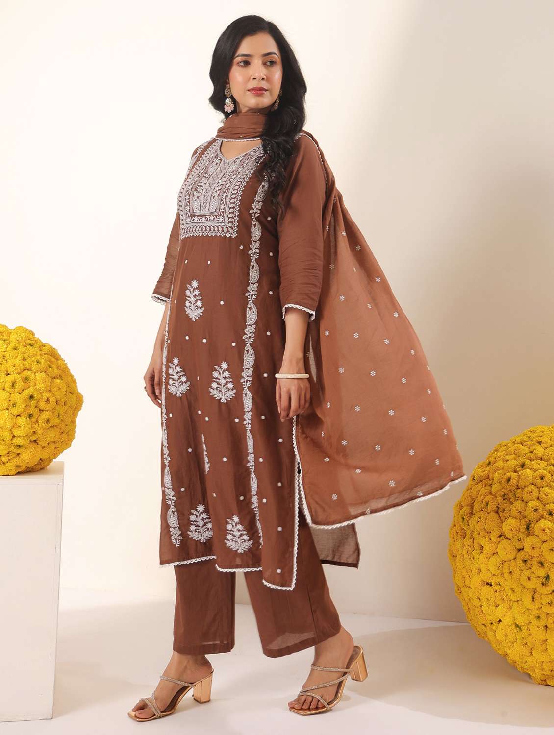 women solid with work round neck kurta pant with dupatta set - 22390210 -  Standard Image - 3