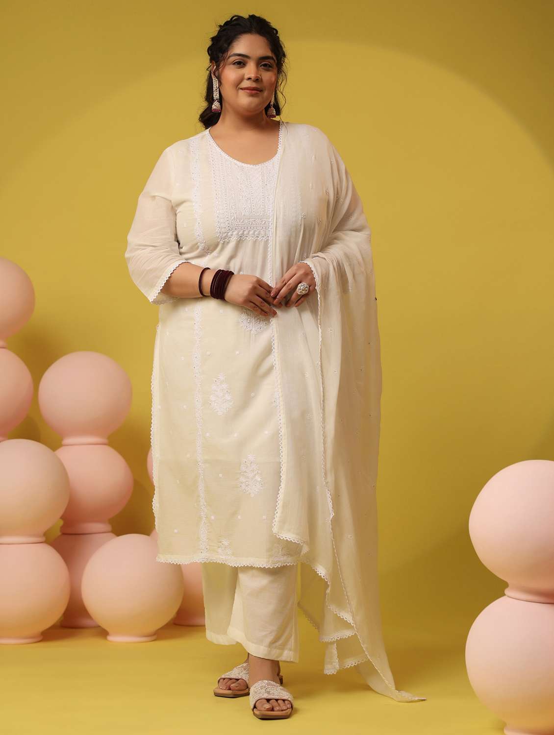 women plus size solid with work round neck kurta pant with dupatta set