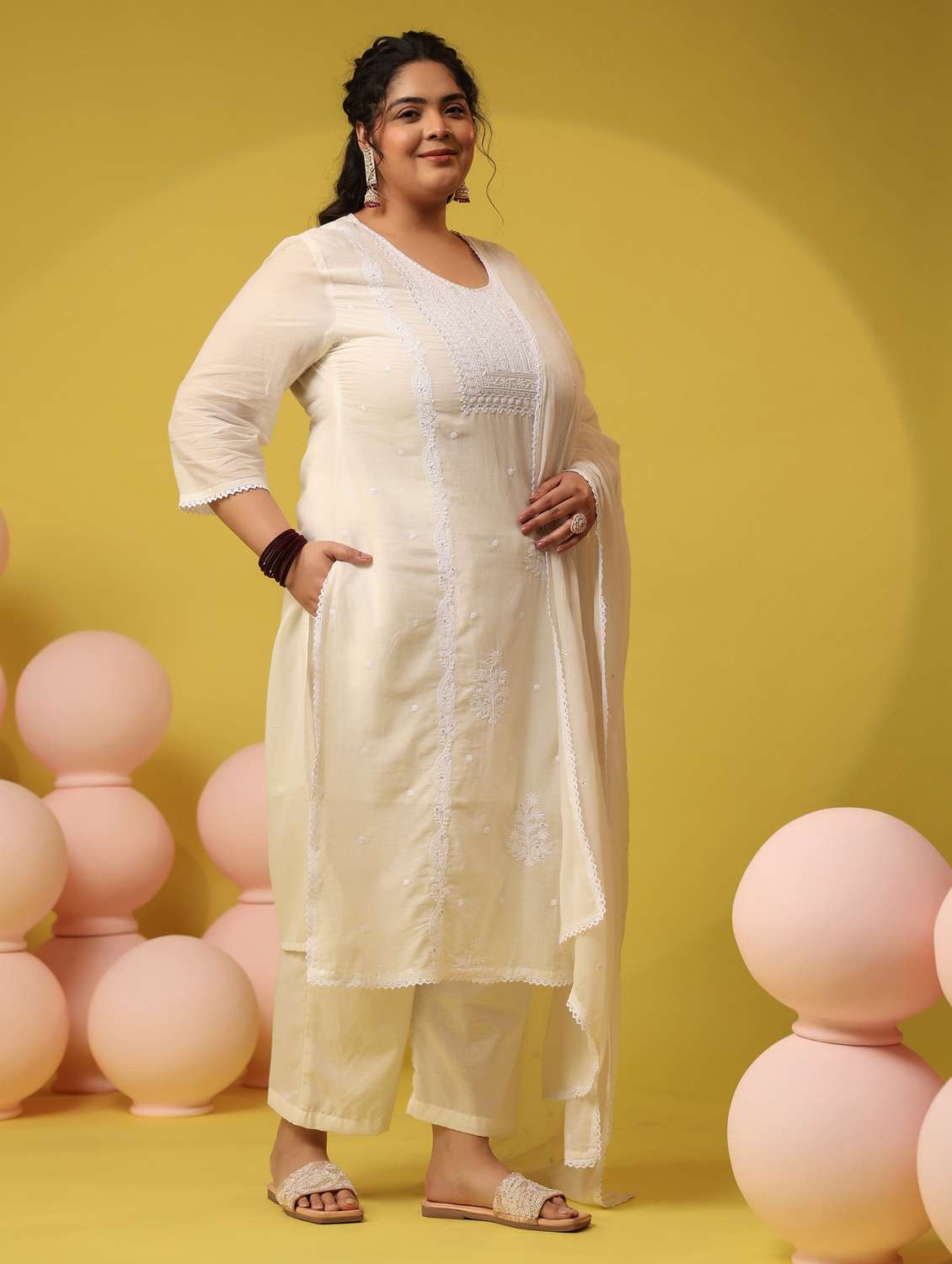 women plus size solid with work round neck kurta pant with dupatta set - 22390213 -  Standard Image - 3