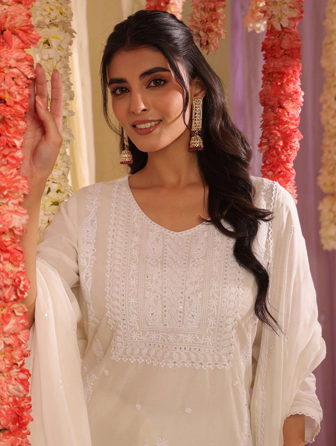 women solid with work round neck kurta pant with dupatta set - 22390214 -  Standard Image - 5