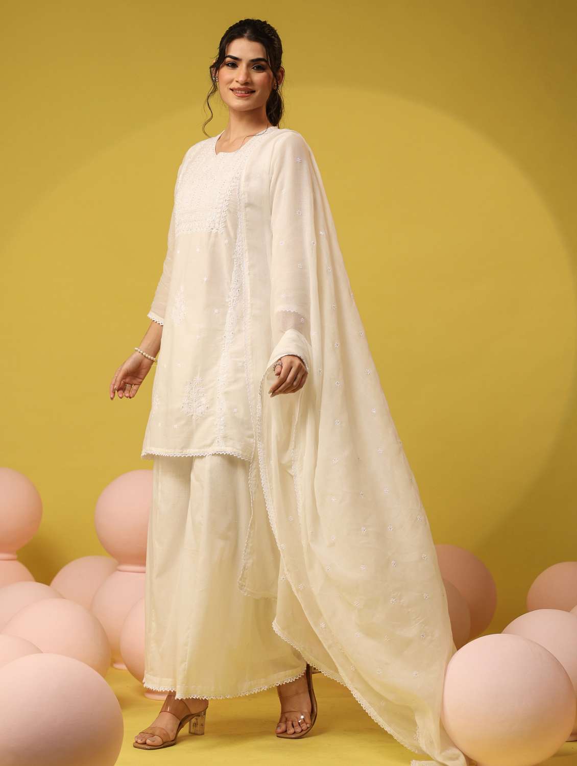 women solid with work round neck kurta palazzo with dupatta set - 22390217 -  Standard Image - 3