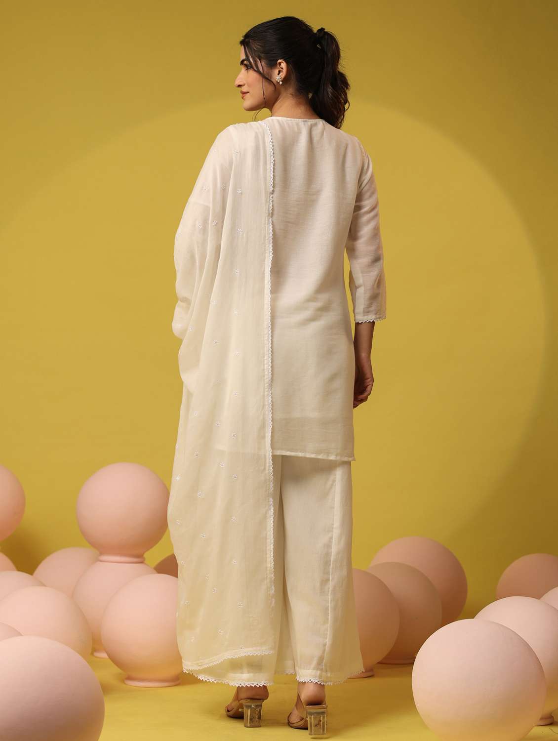 women solid with work round neck kurta palazzo with dupatta set - 22390217 -  Standard Image - 5