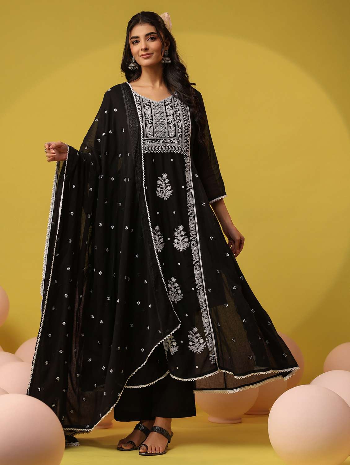women solid with work three quarter sleeve kurta pant with dupatta set - 22390218 -  Standard Image - 3