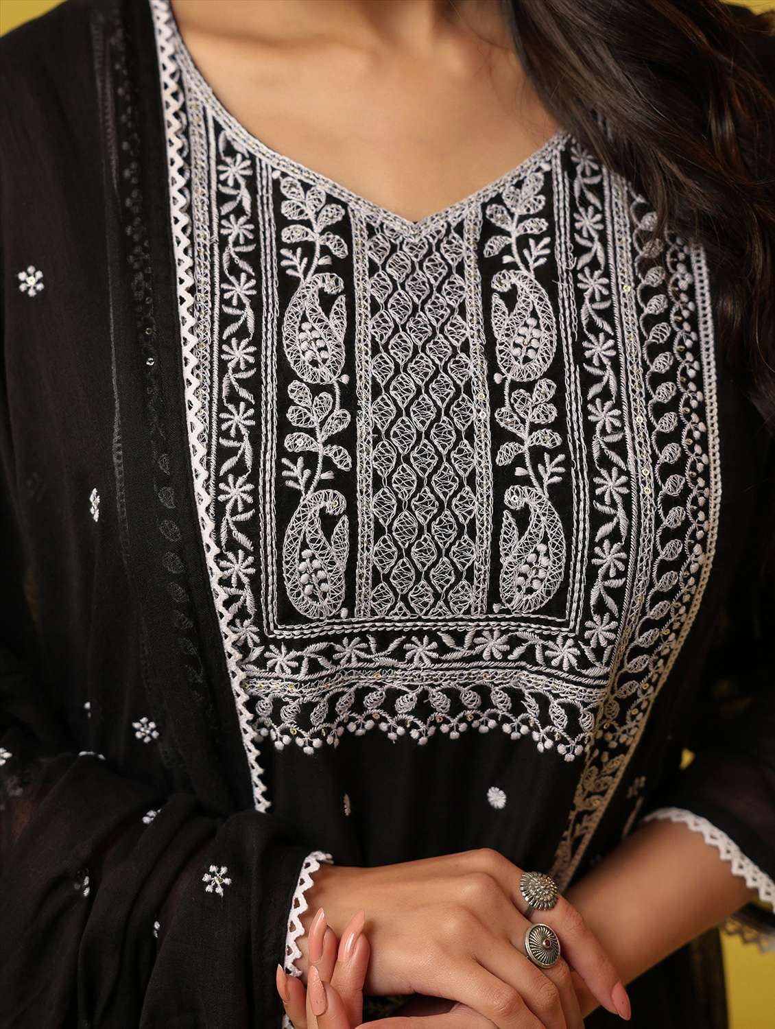women solid with work three quarter sleeve kurta pant with dupatta set - 22390218 -  Standard Image - 5