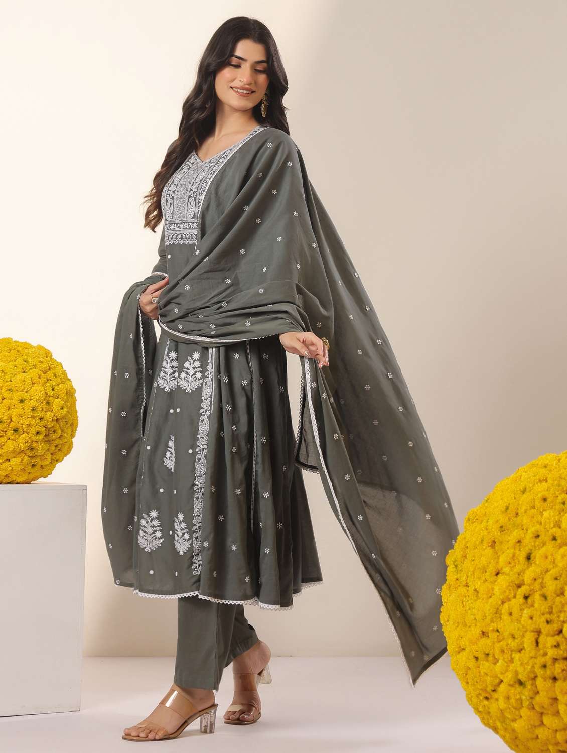 women solid with work three quarter sleeve kurta pant with dupatta set - 22390219 -  Standard Image - 3