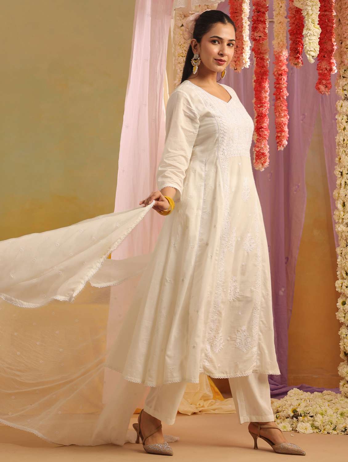 women solid with work three quarter sleeve kurta pant with dupatta set - 22390220 -  Standard Image - 3