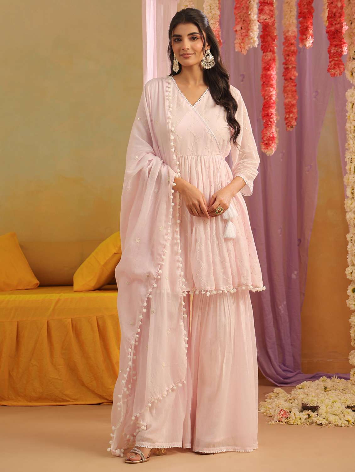 women solid with work v neck kurta sharara with dupatta set - 22390222 -  Standard Image - 3