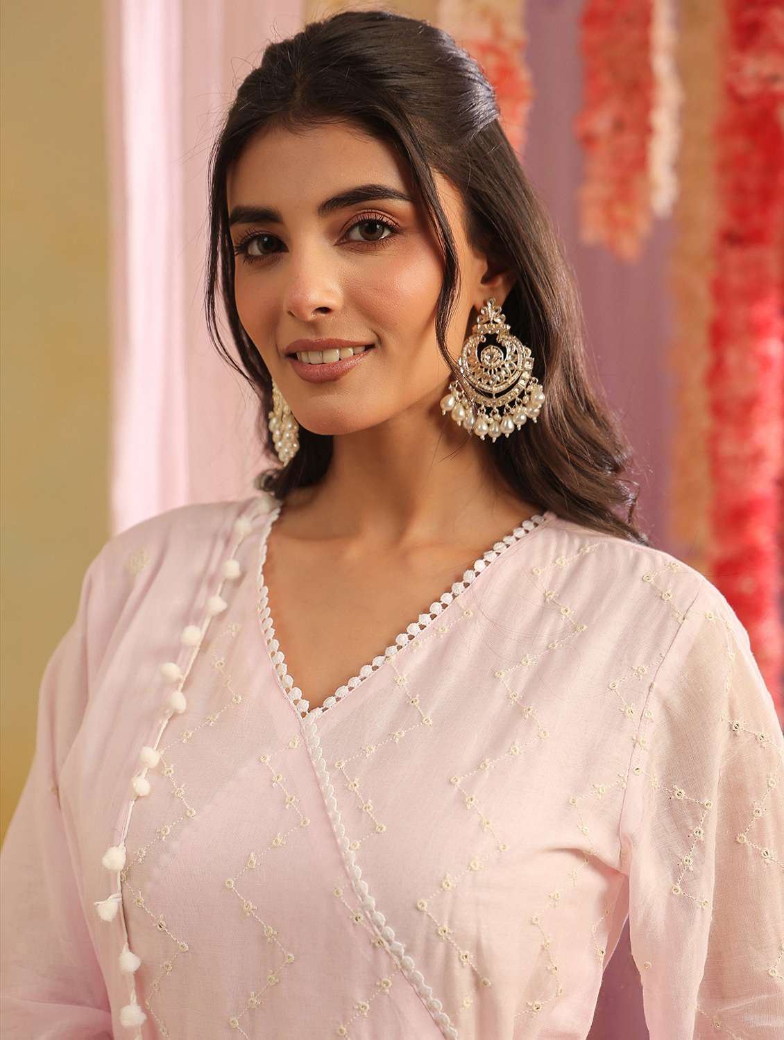 women solid with work v neck kurta sharara with dupatta set - 22390222 -  Standard Image - 5