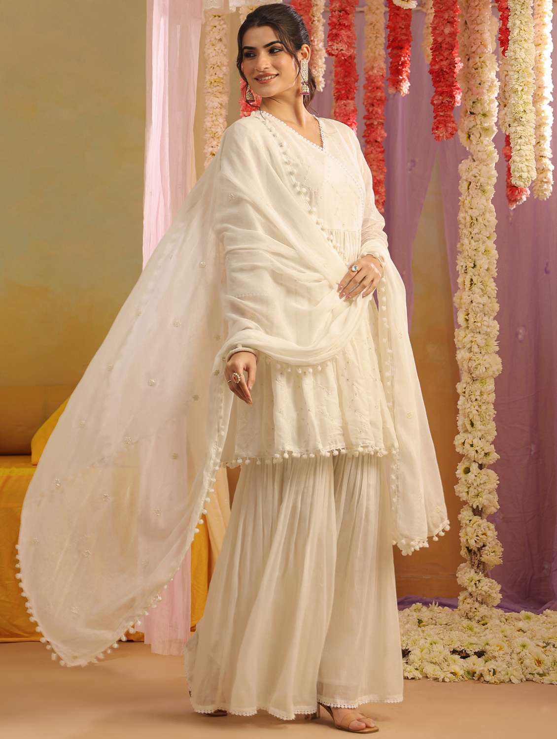 women solid with work v neck kurta sharara with dupatta set - 22390223 -  Standard Image - 3