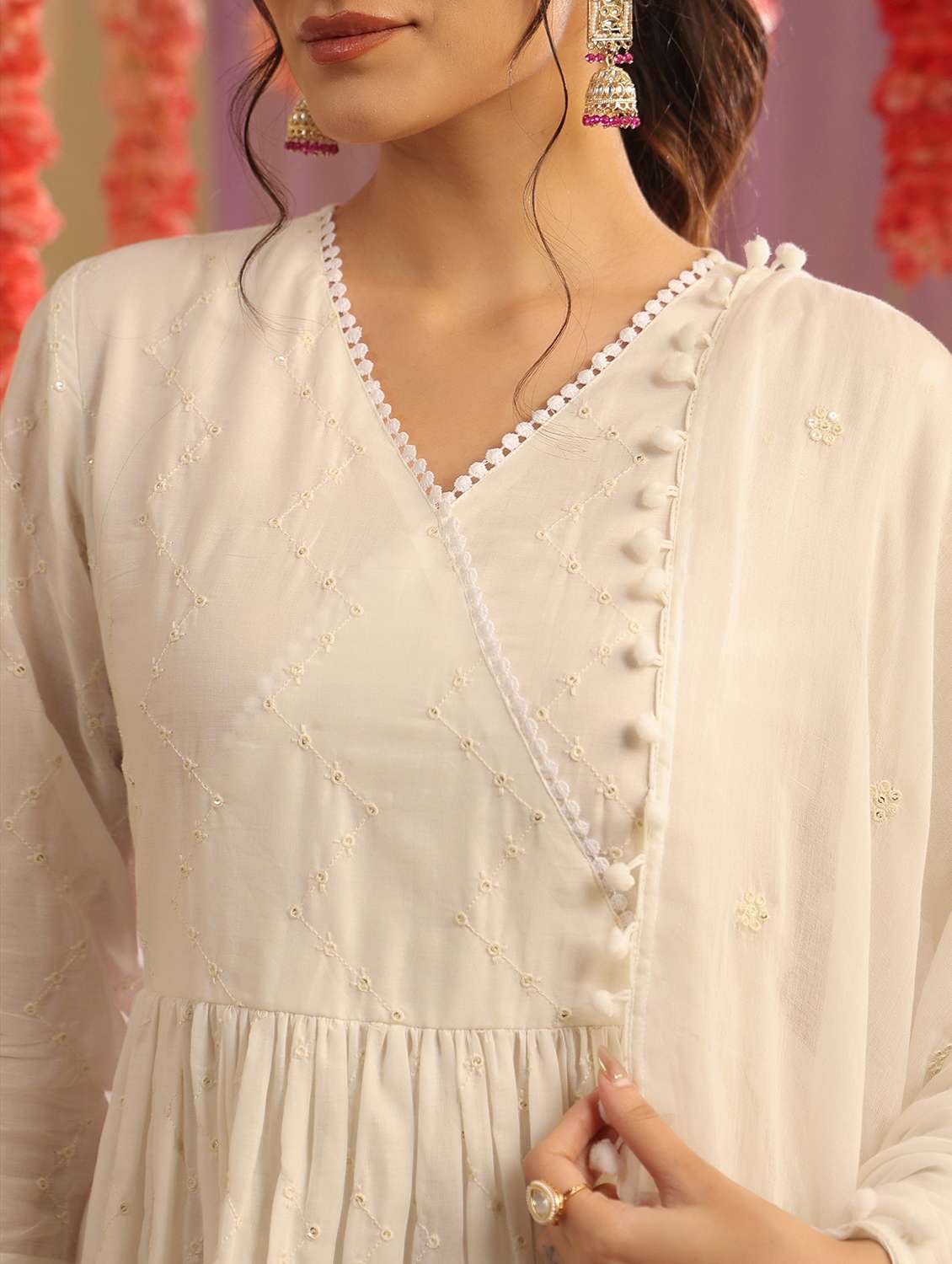 women solid with work v neck kurta sharara with dupatta set - 22390223 -  Standard Image - 5