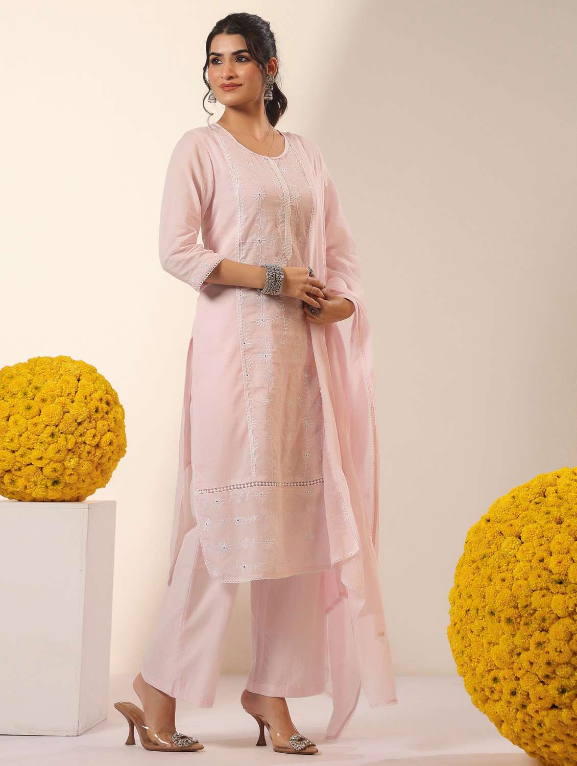 women solid with work round neck kurta pant with dupatta set - 22390224 -  Standard Image - 3
