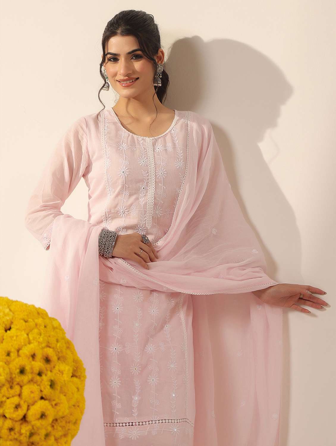 women solid with work round neck kurta pant with dupatta set - 22390224 -  Standard Image - 5