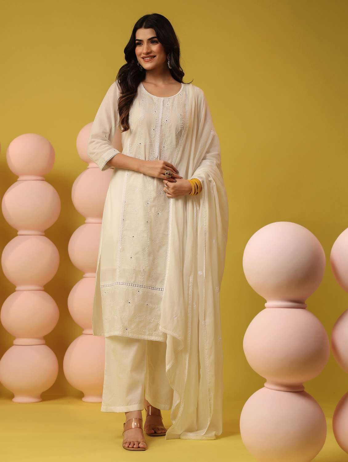 women solid with work round neck kurta pant with dupatta set
