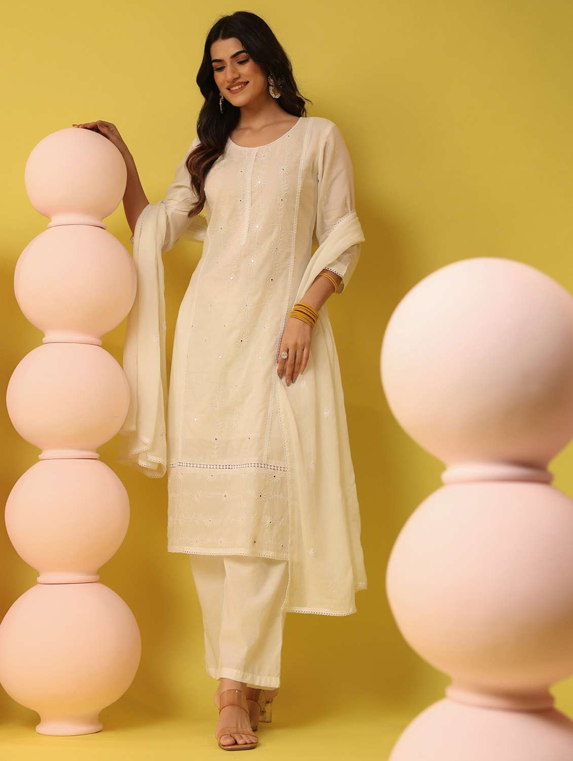 women solid with work round neck kurta pant with dupatta set - 22390229 -  Standard Image - 3