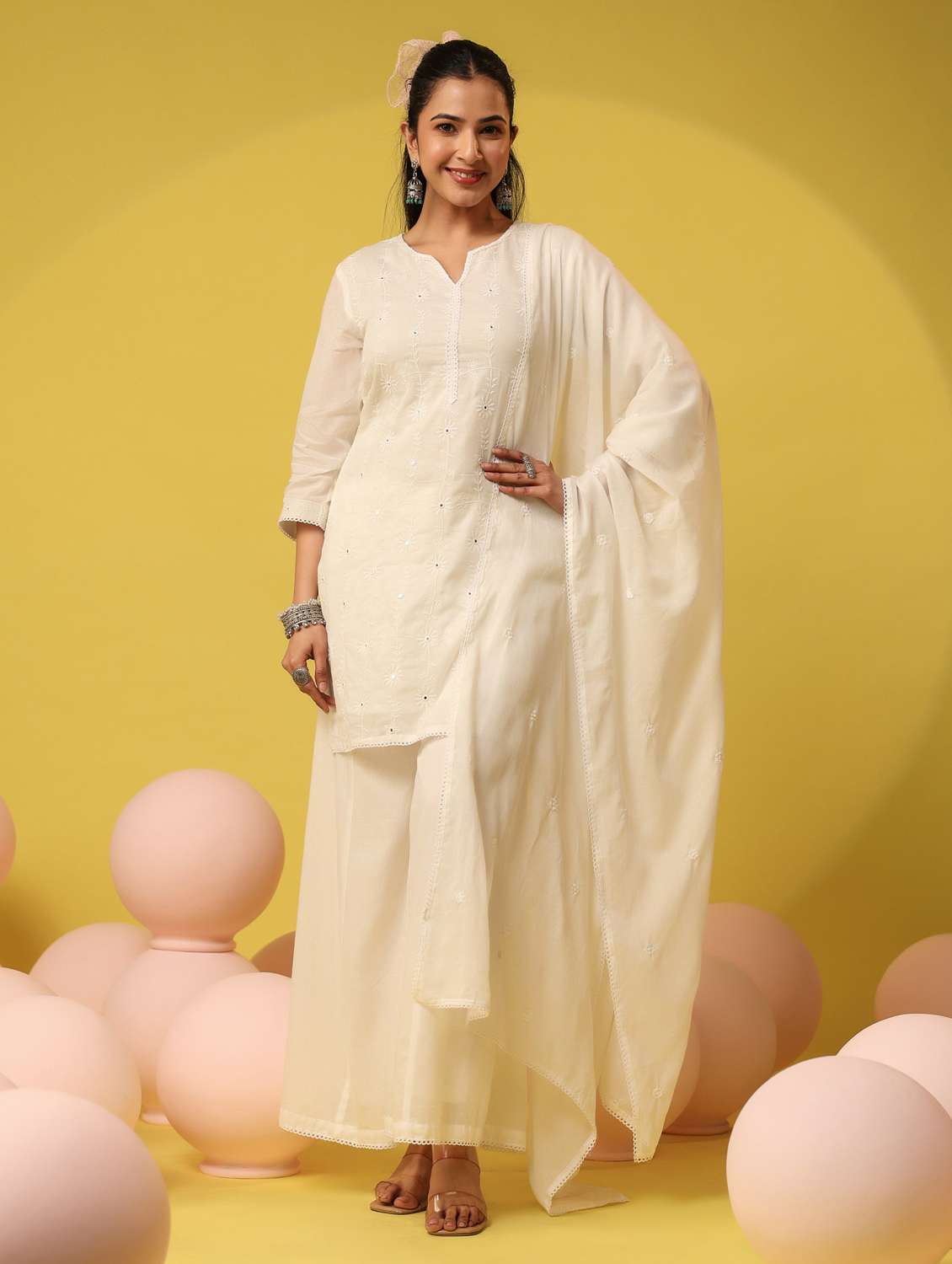 women solid with work notch neck kurta palazzo with dupatta set