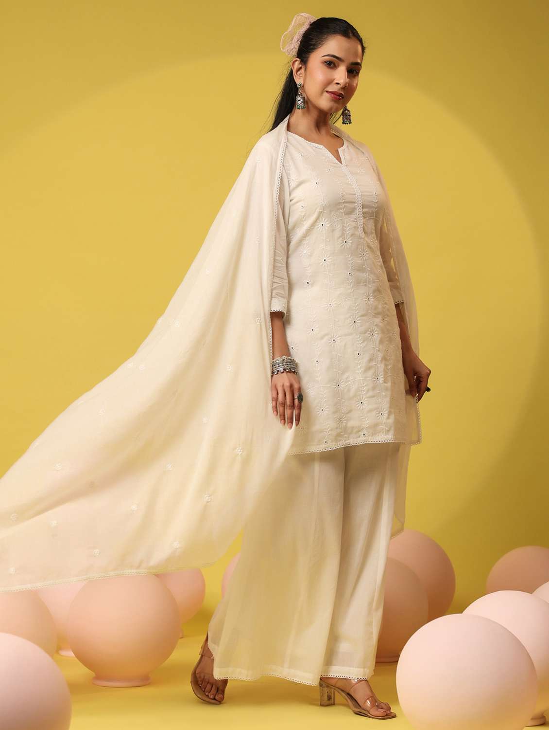 women solid with work notch neck kurta palazzo with dupatta set - 22390232 -  Standard Image - 3