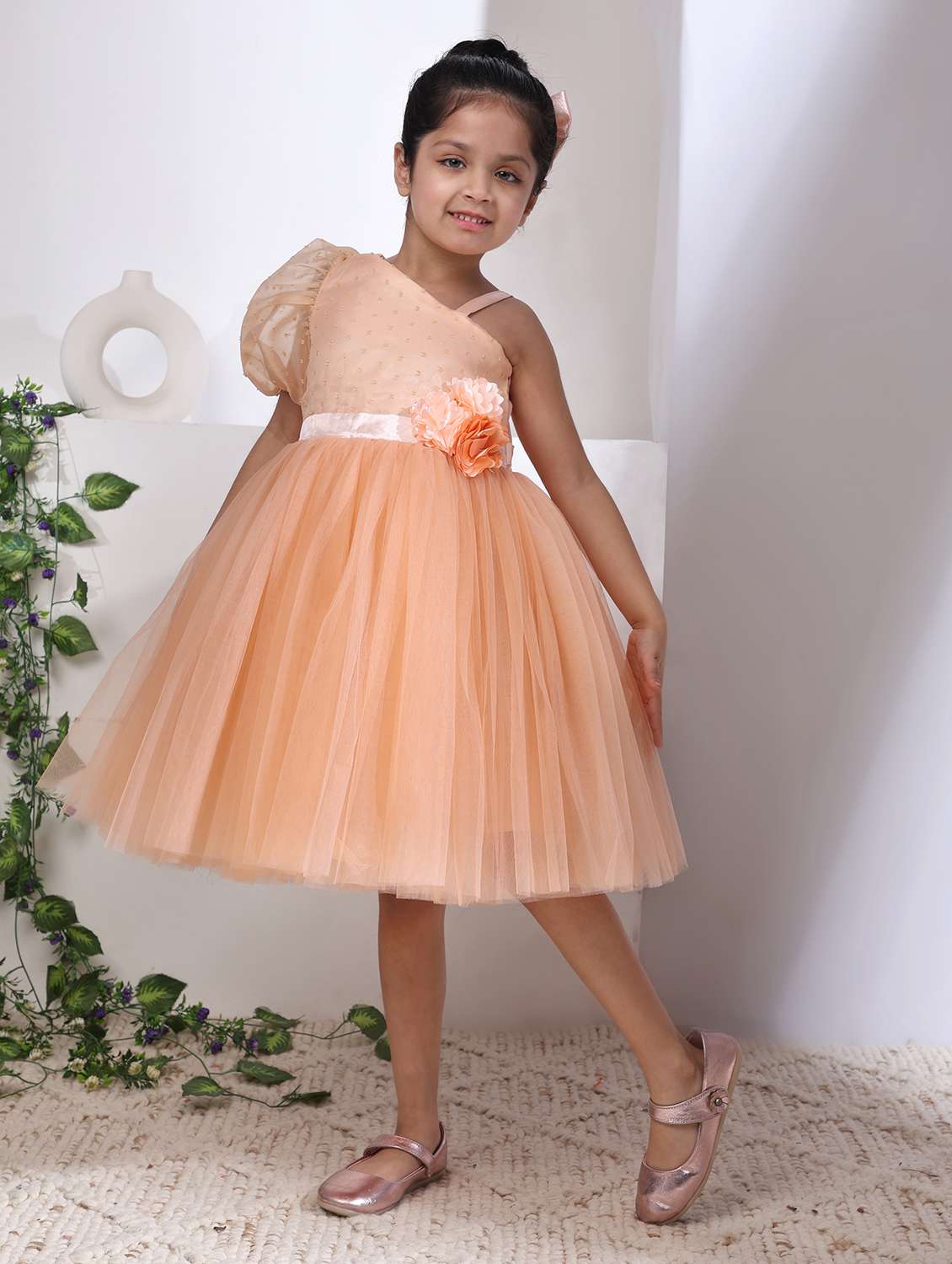 girls self designed single shoulder fit & flare dress