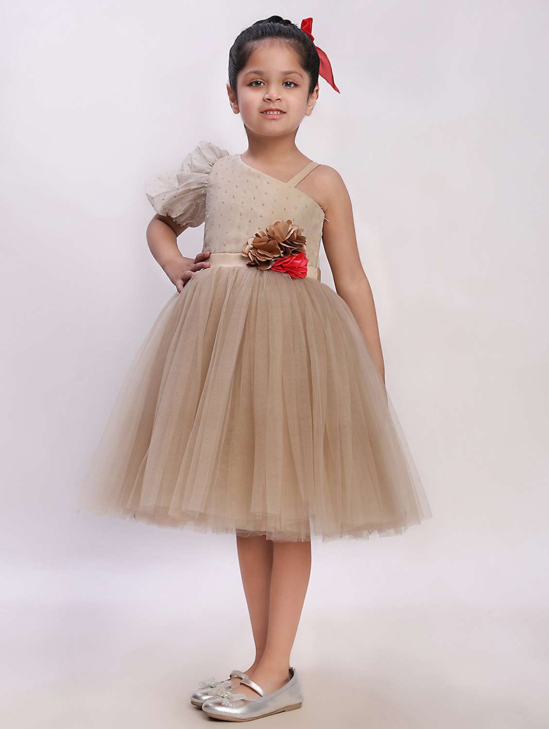 Girls Self Designed Single Shoulder Fit & Flare Dress - 22390394 -  Standard Image - 3