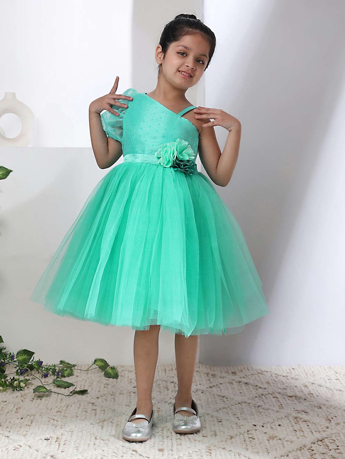 girls self designed single shoulder fit & flare dress