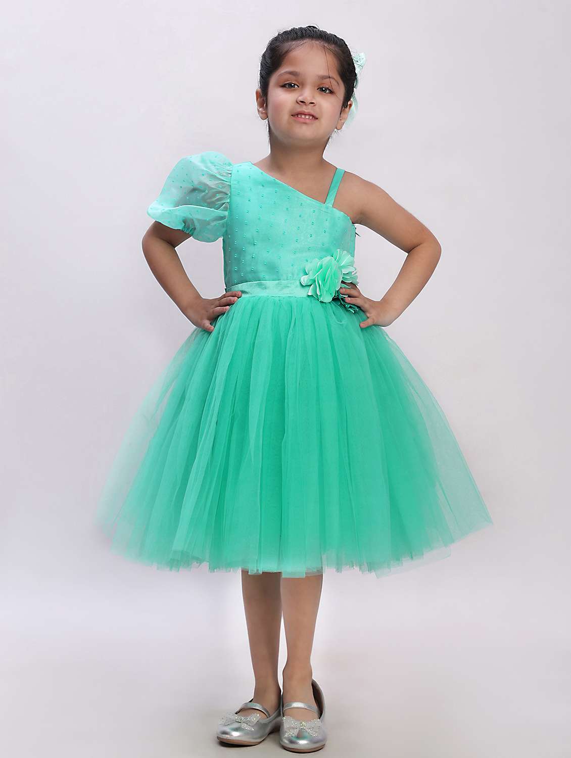 Girls Self Designed Single Shoulder Fit & Flare Dress - 22390395 -  Standard Image - 3