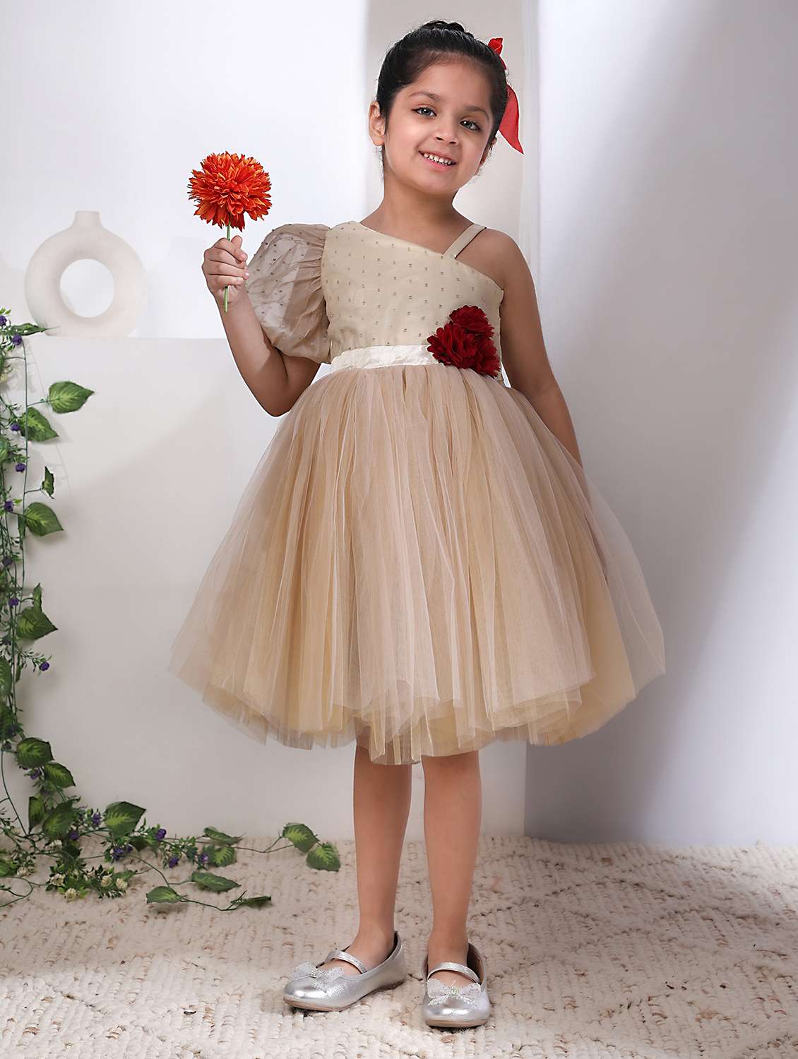 girls self designed single shoulder fit & flare dress