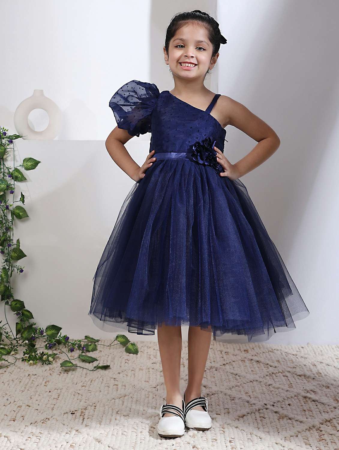 girls self designed single shoulder fit & flare dress