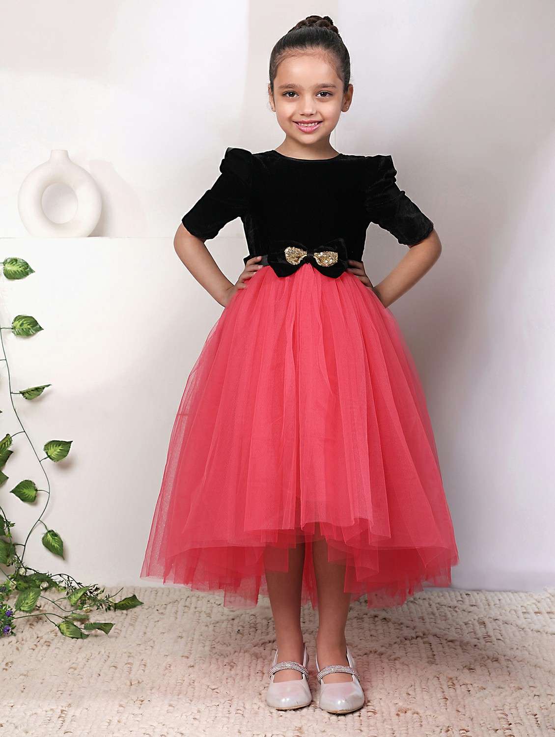 women self designed puff sleeve high low dress