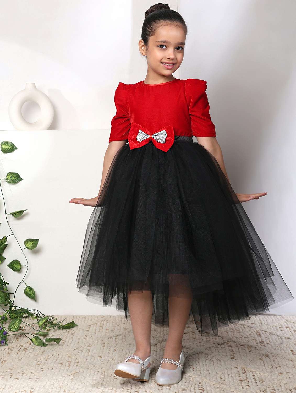 women self designed puff sleeve high low dress