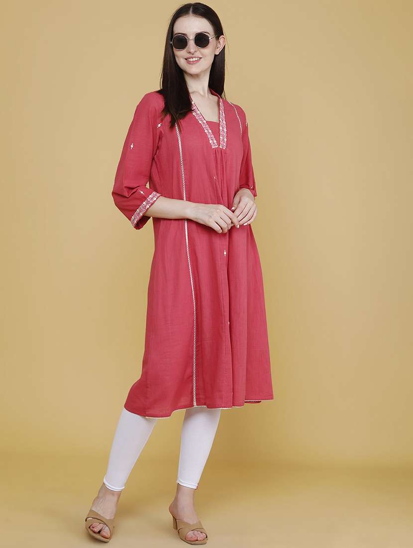 women embroidered three quarter sleeves a-line kurta