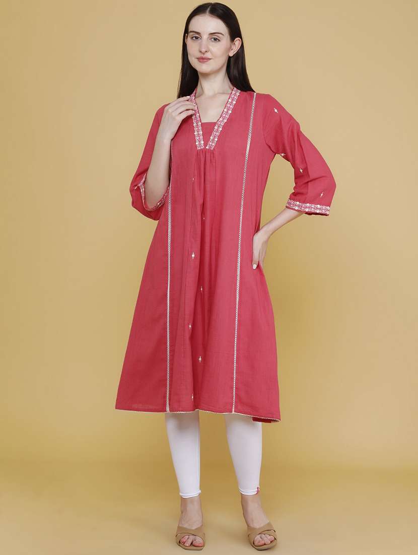 women embroidered three quarter sleeves a-line kurta - 22390981 -  Standard Image - 3