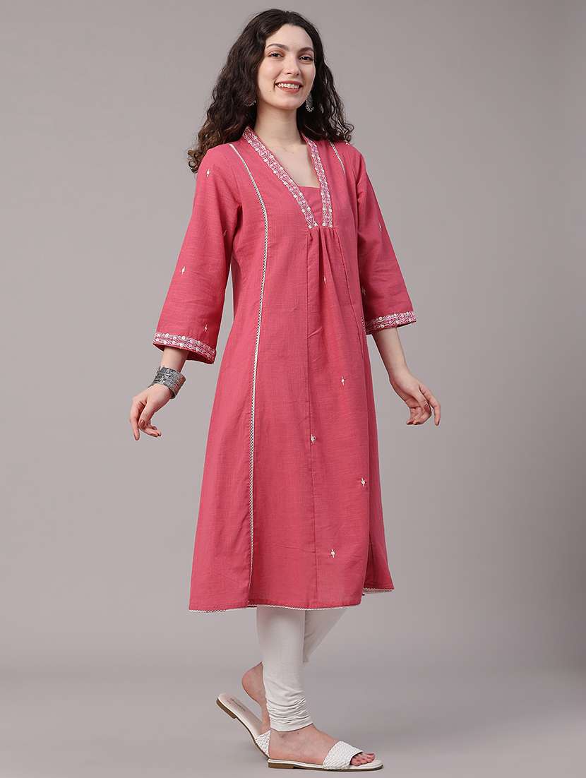 women embroidered three quarter sleeves a-line kurta - 22390982 -  Standard Image - 3