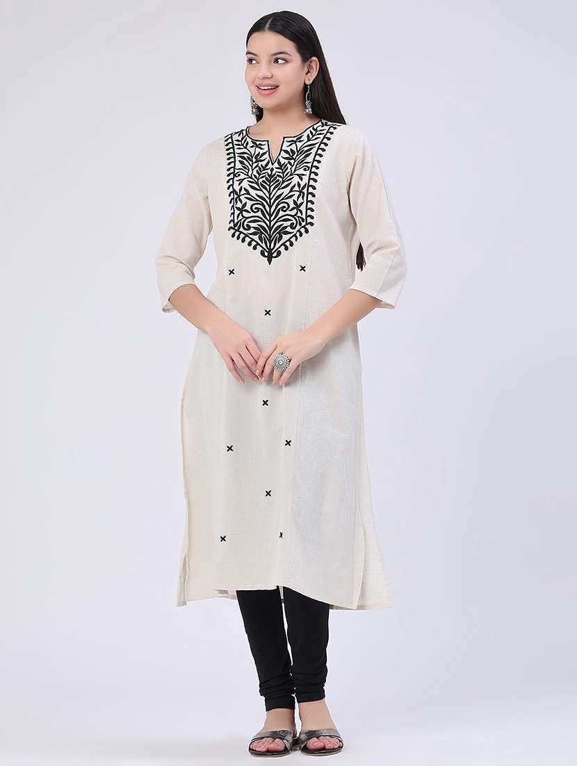 women embroidered three quarter sleeves straight kurta - 22390984 -  Standard Image - 3