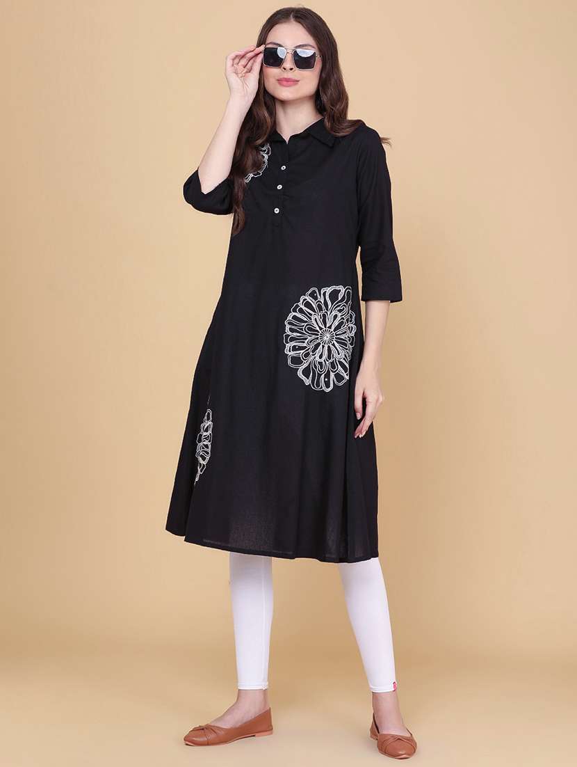women embroidered three quarter sleeve a-line kurta