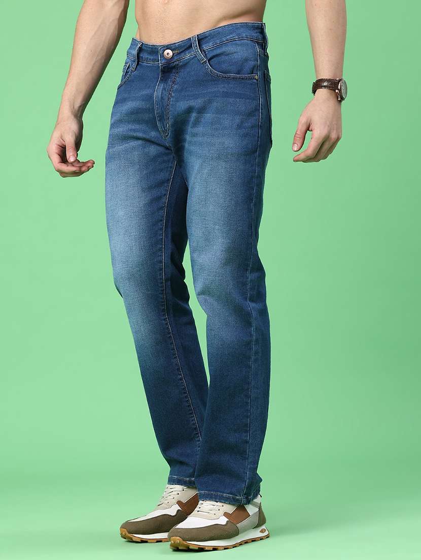 men washed mid rise full length straight jeans