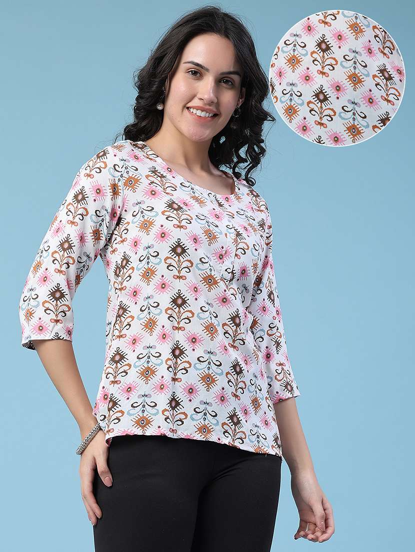 Women Printed Three Quarter Sleeves Straight Kurti - 22391180 -  Standard Image - 3