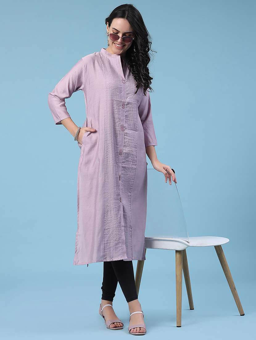 women solid three quarter sleeves straight kurta