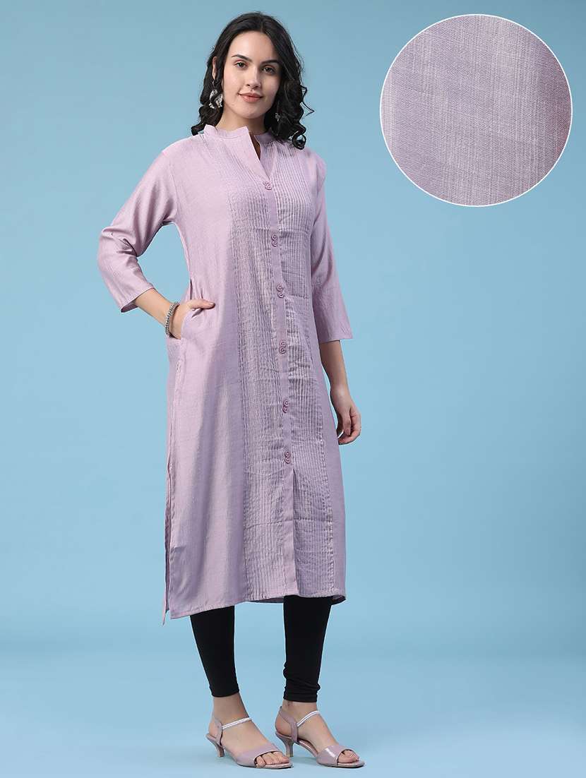 women solid three quarter sleeves straight kurta - 22391193 -  Standard Image - 3