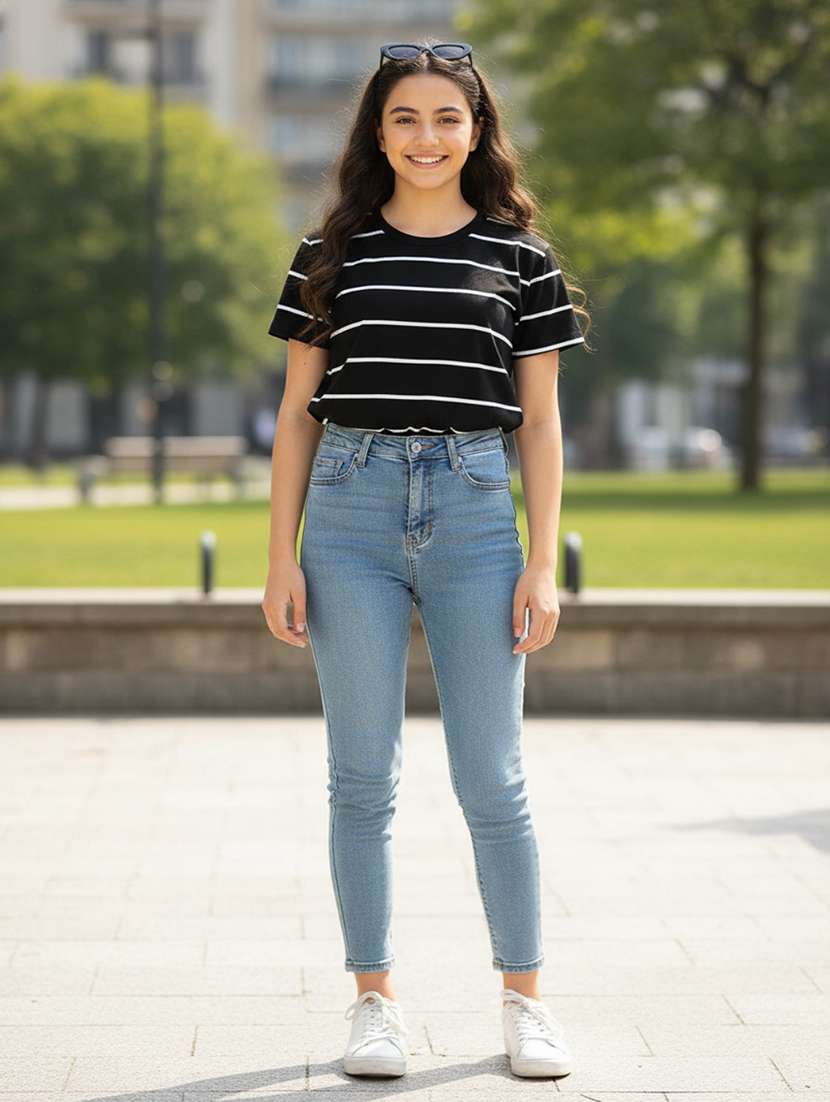 women striped round short sleeves neck tee