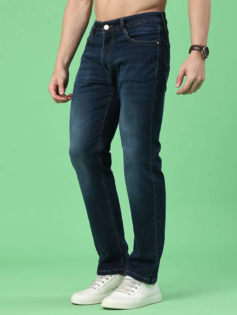 men washed mid rise full length straight jeans